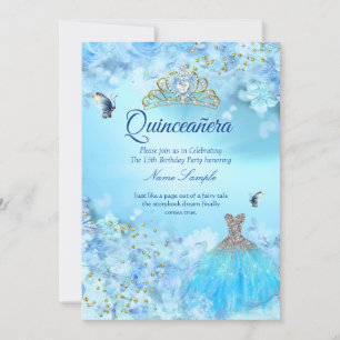 Invitation Princesse Quinceanera cinderella robe bleue floral