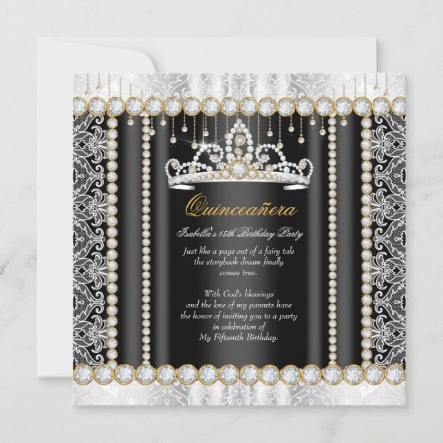 Invitation Princesse Quinceanera Dentelle Diamond Noir Blanc (Devant)