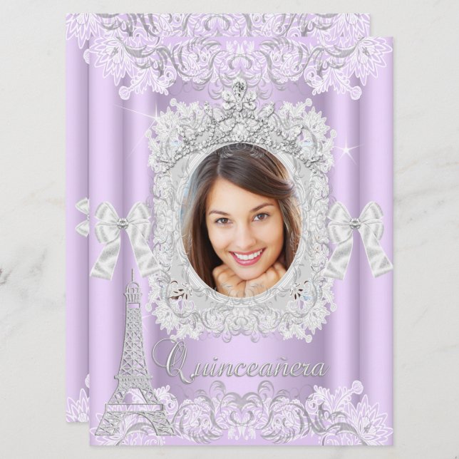 Invitation Princesse Quinceanera dentelle violette photo gran (Devant / Derrière)