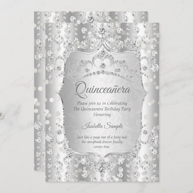 Invitation Princesse Quinceanera diamant argent blanc tiara (Devant / Derrière)