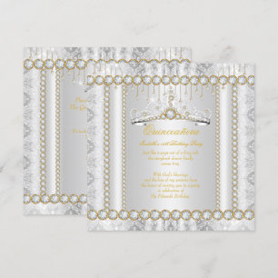 Invitation Princesse Quinceanera Diamant Dentelle Or Blanc