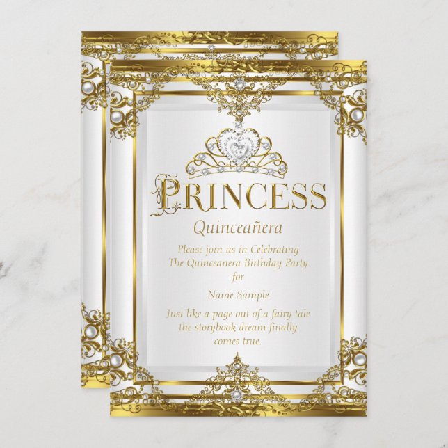 Invitation Princesse Quinceanera Elegant Gold White Pearl 2 (Devant / Derrière)