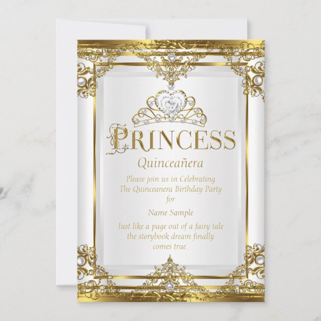 Invitation Princesse Quinceanera Élégant Or Blanc Perle 2 (Devant)