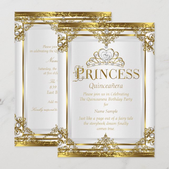 Invitation Princesse Quinceanera Élégant Or Blanc Perle 2 (Devant / Derrière)