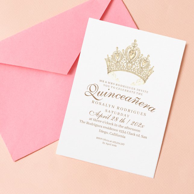 Invitation Princesse Quinceañera Elegant White Gold Crown (Créateur téléchargé)