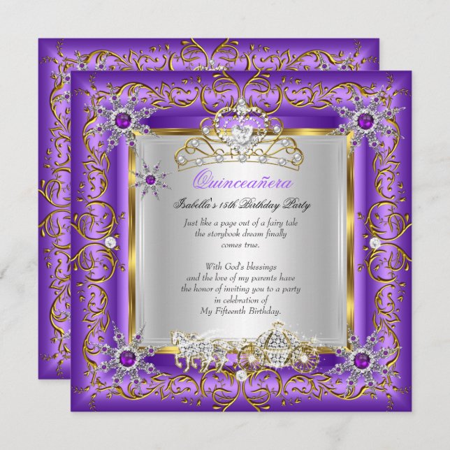 Invitation Princesse Quinceanera Elite Anniversaire Or violet (Devant / Derrière)