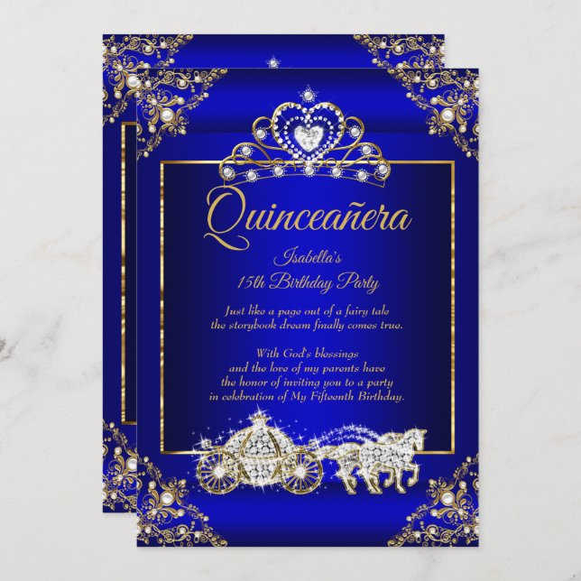 Invitation Princesse Quinceanera Elite Royal Blue Gold (Devant / Derrière)