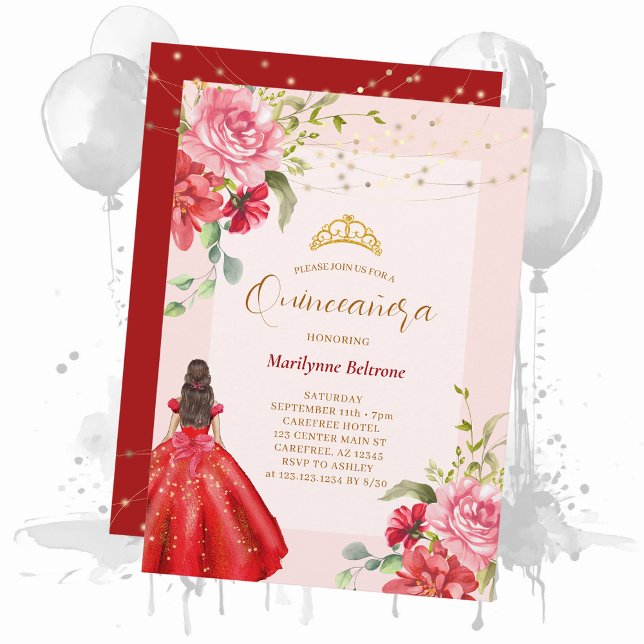 Invitation Princesse Quinceañera Fleurs Rouges (Créateur téléchargé)