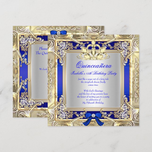 Invitation Princesse Quinceanera Gold Royal Blue Silver 2 (Devant / Derrière)
