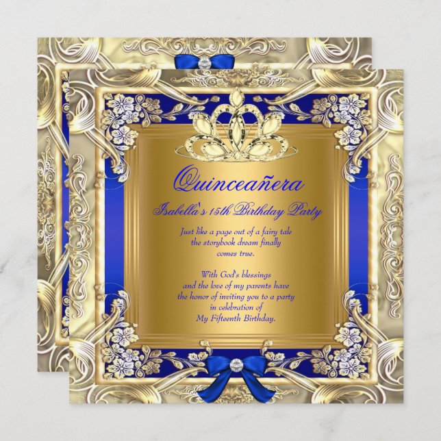 Invitation Princesse Quinceanera Gold Royal Blue Silver Party (Devant / Derrière)