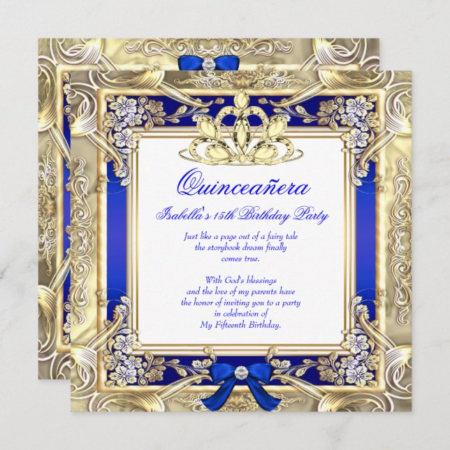 Invitation Princesse Quinceanera Gold Royal Blue Silver White (Devant / Derrière)