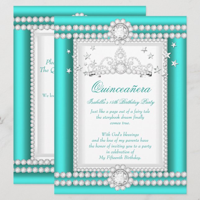Invitation Princesse Quinceanera Jade Diamant Turquoise Tiara (Devant / Derrière)