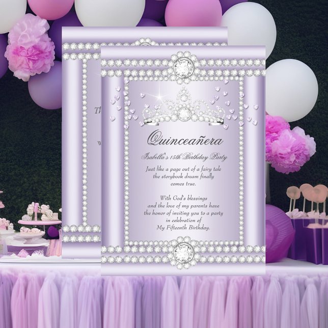 Invitation Princesse Quinceanera Lilac Coeurs Diamond Tiara (Créateur téléchargé)