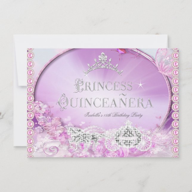 Invitation Princesse Quinceanera Magique rose violet argent 3 (Devant)