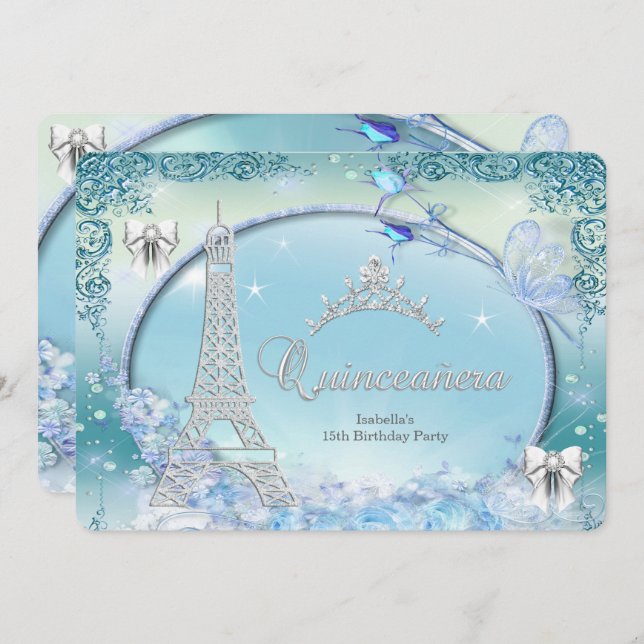 Invitation Princesse Quinceanera Magique Turquoise bleu argen (Devant / Derrière)