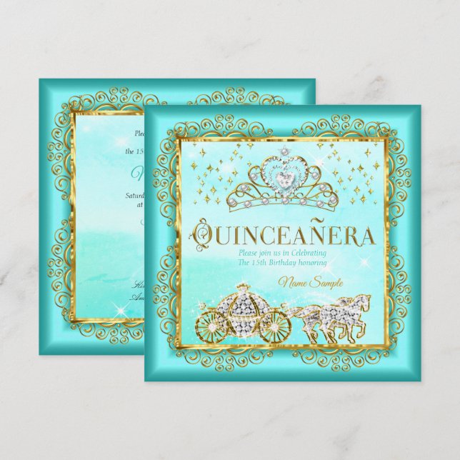 Invitation Princesse Quinceañera magique Turquoise Blue Gold (Devant / Derrière)