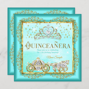 Invitation Princesse Quinceañera magique Turquoise Blue Gold