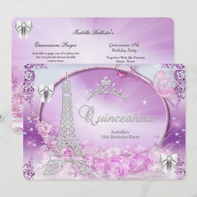 Invitation Princesse Quinceanera Magique Violet Argent (Devant / Derrière)