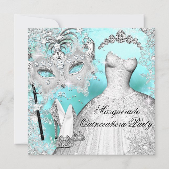Invitation Princesse Quinceanera Masquerade Turquoise & Argen (Devant)