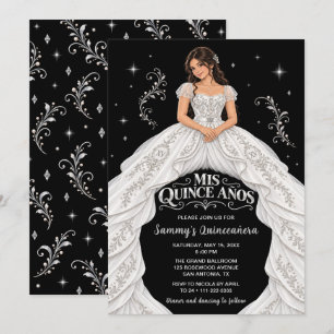 Invitation Princesse Quinceañera Noir Blanc Argent