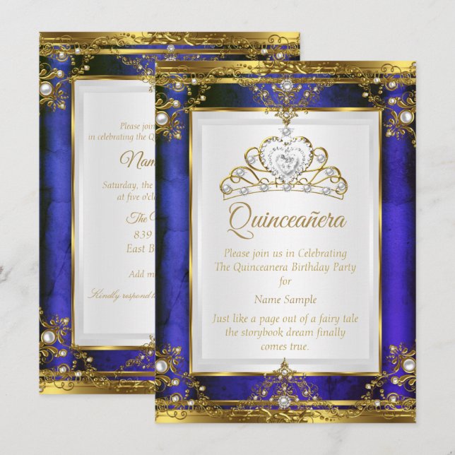 Invitation Princesse Quinceañera Or Bleu Perle Blanche (Devant / Derrière)