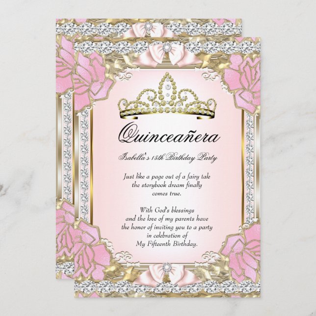 Invitation Princesse Quinceanera Or rose 15e anniversaire 2 (Devant / Derrière)