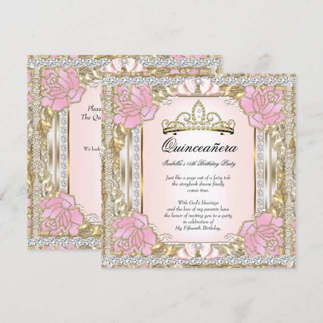 Invitation Princesse Quinceanera Or rose 15e anniversaire 2 (Devant / Derrière)