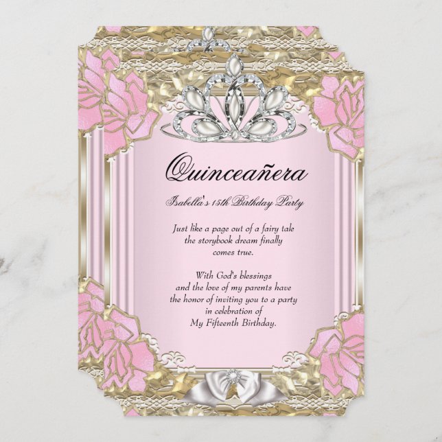 Invitation Princesse Quinceanera Or rose 15e anniversaire fêt (Devant / Derrière)