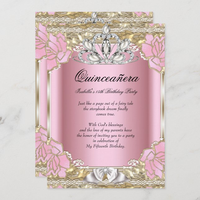 Invitation Princesse Quinceanera Or rose 15e anniversaire fêt (Devant / Derrière)