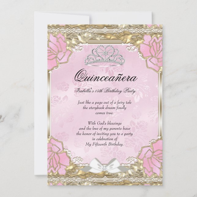 Invitation Princesse Quinceanera Or rose Anniversaire Tiara (Devant)