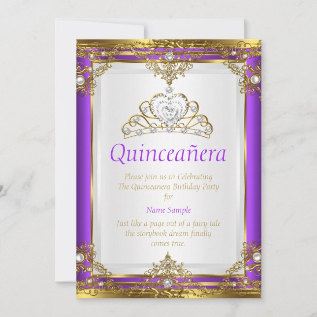 Invitation Princesse Quinceañera Or Rose Perle Blanche (Devant)