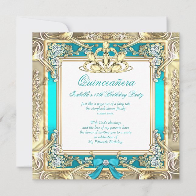 Invitation Princesse Quinceanera Or Turquoise chaud argent bl (Devant)