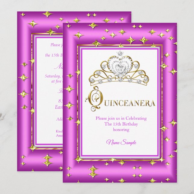 Invitation Princesse Quinceanera Or Violet Rose Anniversaire (Devant / Derrière)