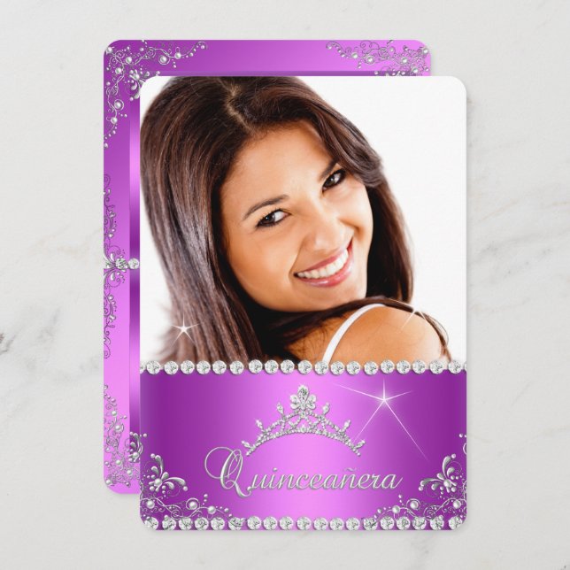 Invitation Princesse Quinceanera Photo rose violet (Devant / Derrière)