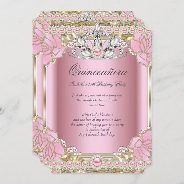 Invitation Princesse Quinceanera Pink Pearl fête d'anniversai (Devant / Derrière)