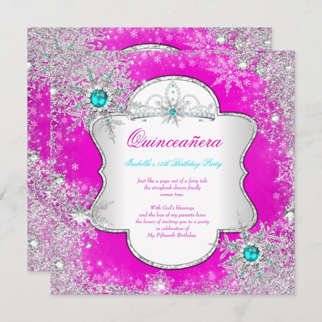 Invitation Princesse Quinceanera Pink Turquoise Winter Wonder (Devant / Derrière)