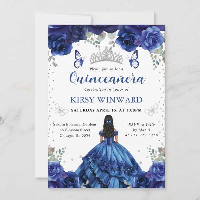 Invitation Princesse Quinceañera Robe Bleue Cheveux Noirs (Devant)