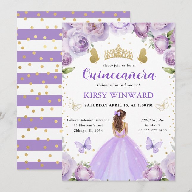 Invitation Princesse Quinceañera Robe Violette Cheveux Rouges (Devant / Derrière)