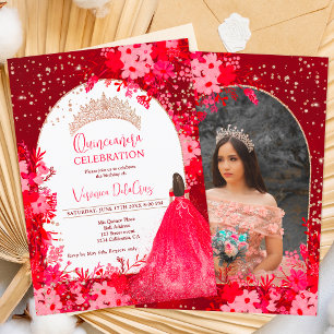 Invitation princesse quinceanera rose de tiara rouge or rouge