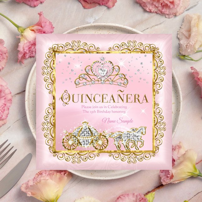 Invitation Princesse Quinceañera rose doré magique blush (Créateur téléchargé)
