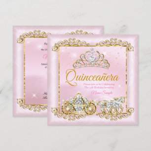 Invitation Princesse Quinceanera Rose Poudré Carrosse Or Rose