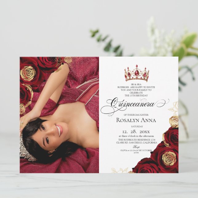 Invitation Princesse Quinceañera Rose Rouge Or  (Debout devant)