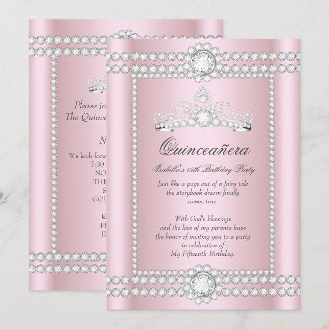 Invitation Princesse Quinceanera Rose Silver Diamond Tiara (Devant / Derrière)