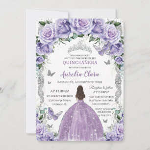 Invitation Princesse Quinceañera Rose violette Floral Argent
