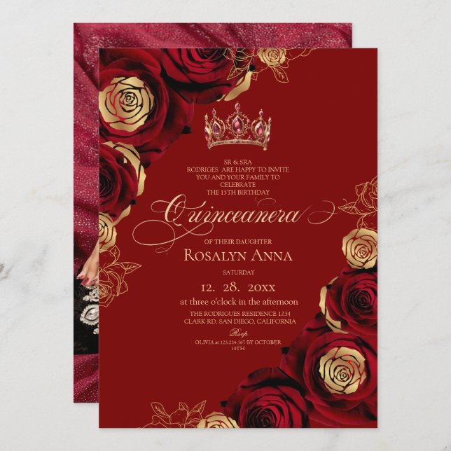 Invitation Princesse Quinceañera Roses Rouges  (Devant / Derrière)