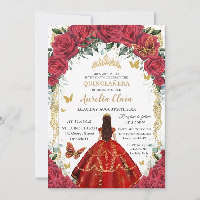Invitation Princesse Quinceañera Roses rouges Floral Or Vinta (Devant)