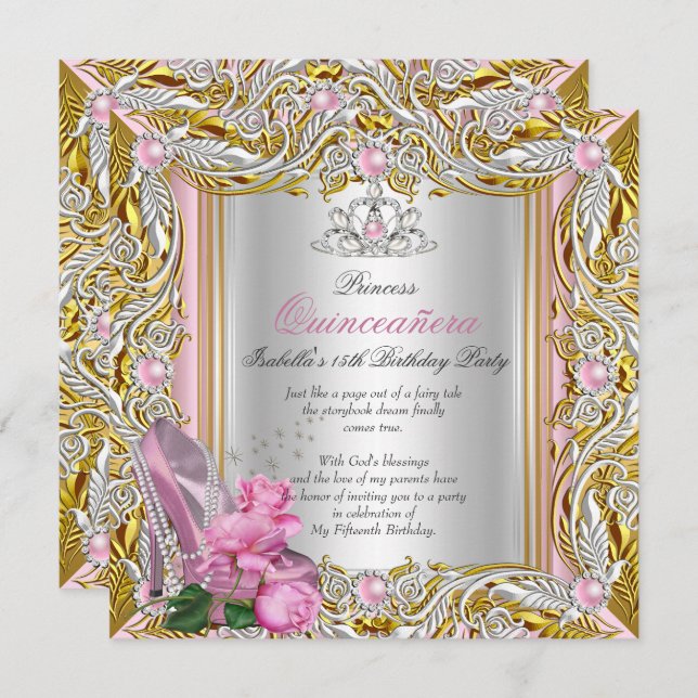Invitation Princesse Quinceanera Silver Rose Or (Devant / Derrière)
