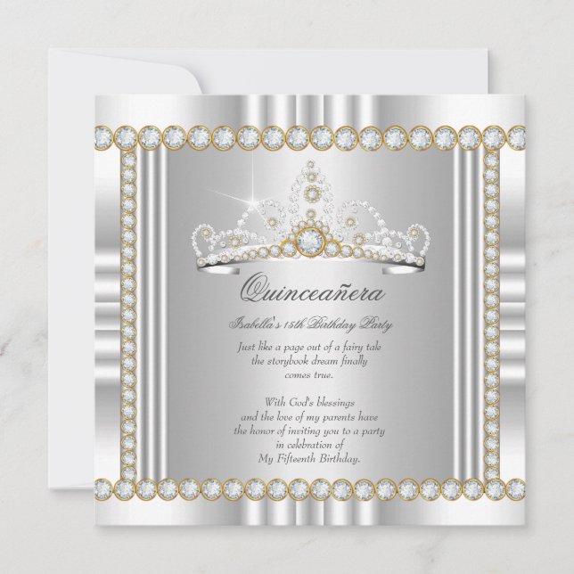 Invitation Princesse Quinceanera Tiara Gold Silver White (Devant)