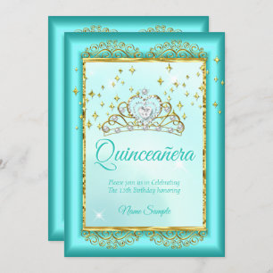 Invitation Princesse Quinceañera Turquoise Blue Gold Annivers