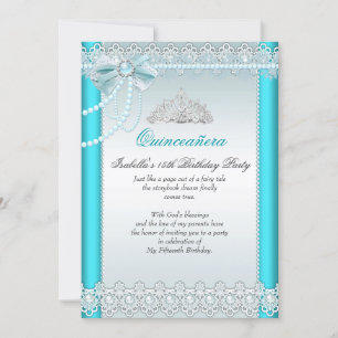 Invitation Princesse Quinceanera Turquoise Blue Lace Pearl 2